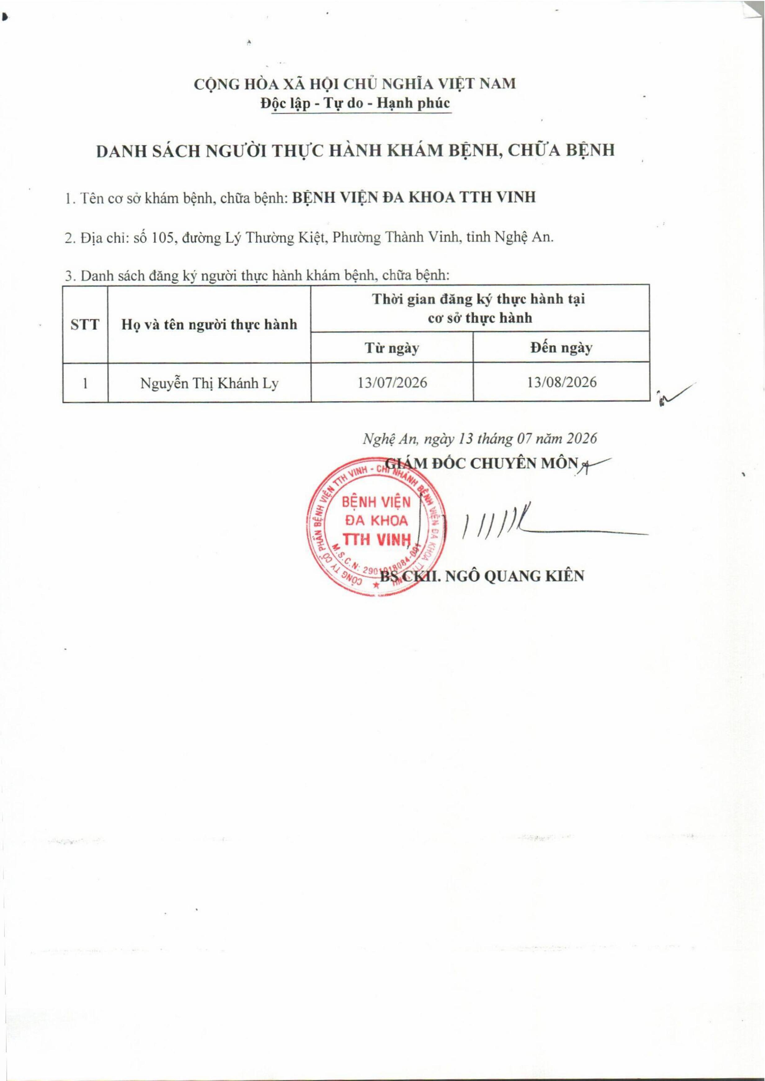 Danh sách đăng ký người thực hành khám bệnh, chữa bệnh 13-07-2026