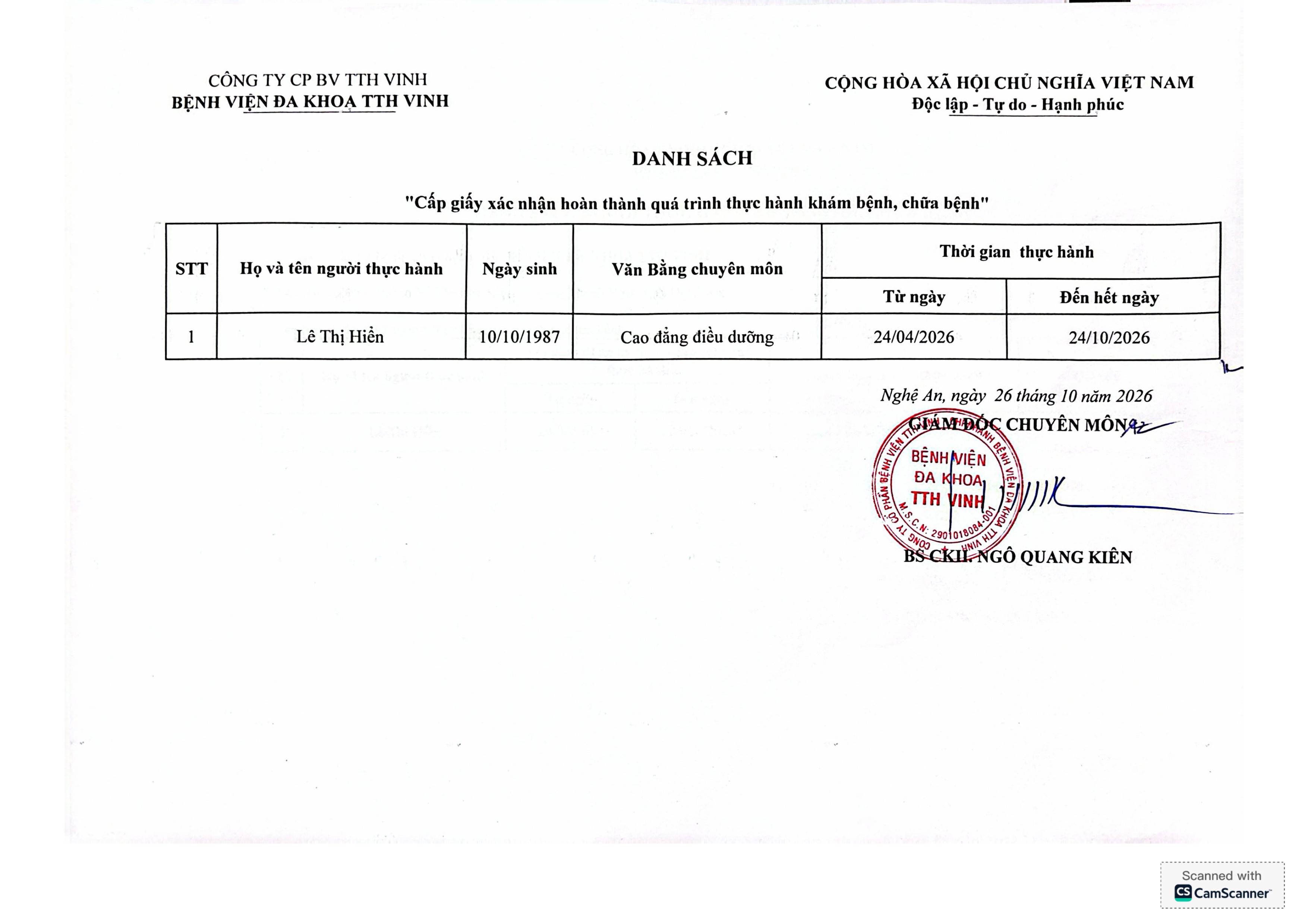 DANH SÁCH XÁC NHẬN HOÀN THÀNH THỰC HÀNH KHÁM BỆNH, CHỮA BỆNH 26-10-2026